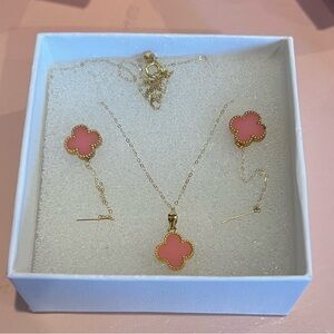 18k Gold Pink Clover Jewelry Set